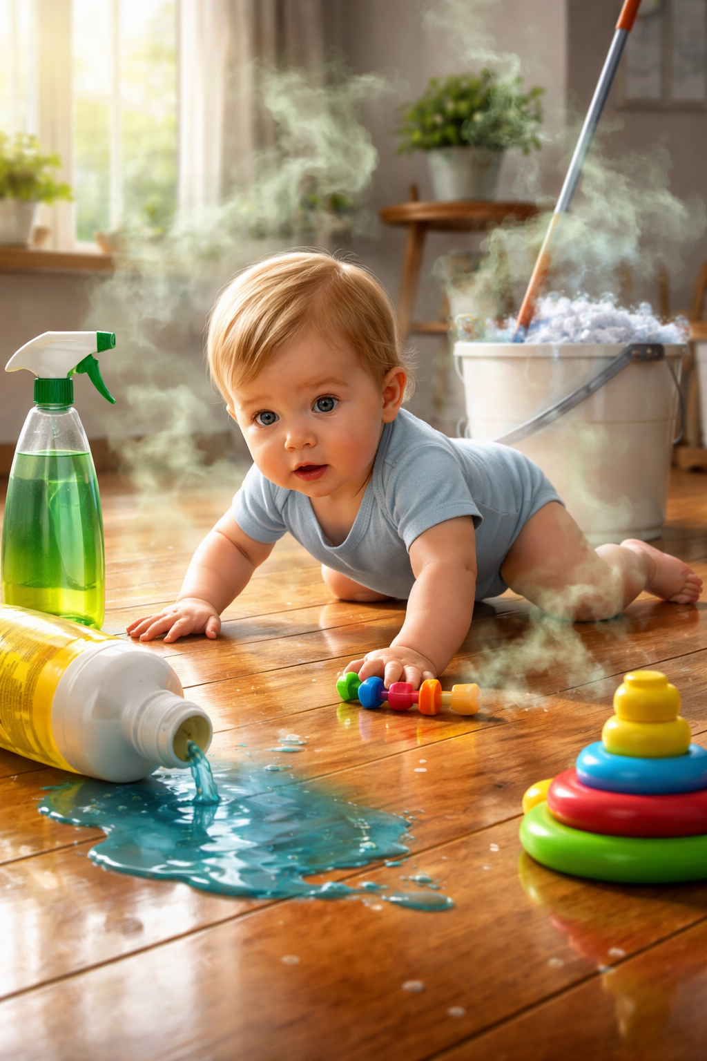 What hidden risks do regular floor cleaners pose for crawling babies?