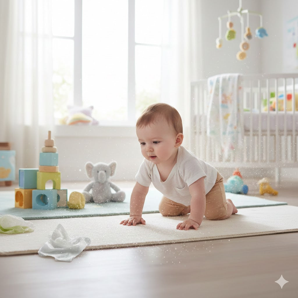 How can cleaning residue travel around a baby’s environment?
